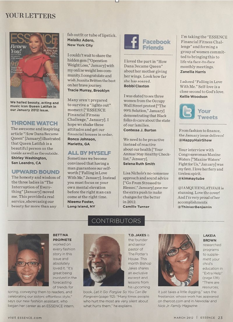 ESSENCE Your Letters page featuring Lakeia Brown